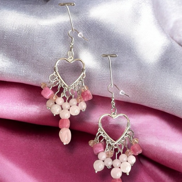 Rose Quartz and Crystals Heart Shaped Silver Toned Chandelier Earrings - Picture 6 of 17